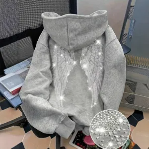 Grey rhinestone angel wings hoodie, casual long sleeve pullover hooded sweatshirt.