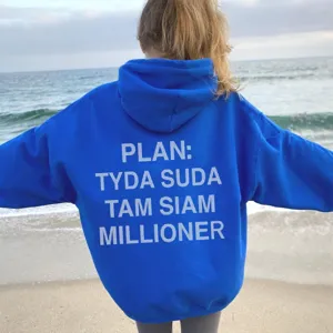 Oversized blue hoodie for women, street style drop shoulder hooded sweatshirt with back print.