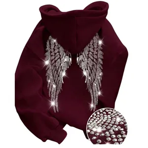 Maroon rhinestone angel wings hoodie long sleeve pullover sweatshirt for women men.