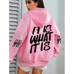 2025 Women's Pink Letter Print Hooded Hoodie Casual Long Sleeve Sweatshirt Winter Top