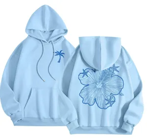 Light blue fleece hoodie detail showcasing back hibiscus flower print and pocket design.