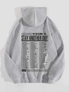Close-up view of the women's casual fleece lined hoodie with graphic text print.