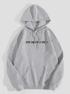 2025 Women's Fleece Thermal Hoodie Solid Color Letter Print Drawstring Kangaroo Pocket