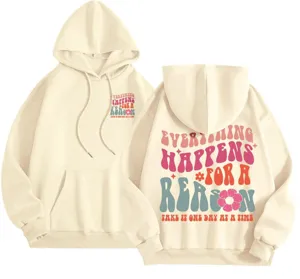 Beige fleece-lined hooded sweatshirt with retro letter print, casual loose fit and pocket.