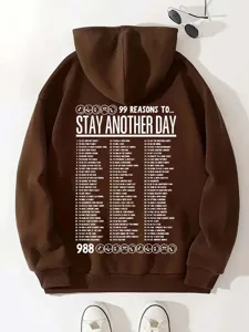 Detailed view of the dark brown fleece-lined hoodie with front 99 reasons print and pocket.