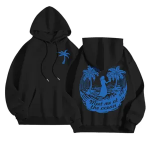 Black fleece hoodie for women with blue ocean palm tree graphic print, long sleeves.