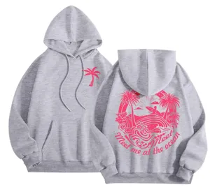 Casual fleece-lined grey hooded sweatshirt with pink ocean beach back print for women.