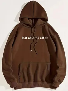 Cozy brown fleece hoodie for women with kangaroo pocket, drawstring hood and cute letter print.