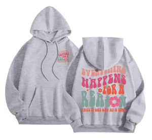 Women's grey fleece-lined hooded sweatshirt with retro quote print, ribbed cuffs, and hem detail.