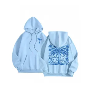 Women's casual light blue fleece-lined hooded sweatshirt with palm tree print and back graphic.