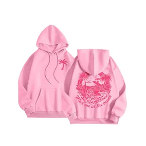 Women pink fleece lined hooded sweatshirt casual long sleeve pullover hoodie with graphic print.