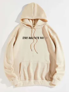 Detailed view of the fleece hoodie chest print, featuring drawstring hood and pocket.
