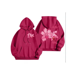 Women's fleece-lined pink floral print hoodie, casual loose hooded sweatshirt with ribbed cuffs.