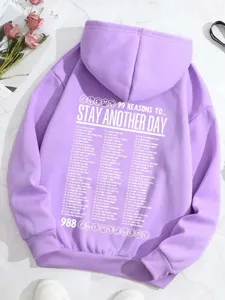 Purple fleece-lined hoodie back detail with graphic print and drawstring hood for women.