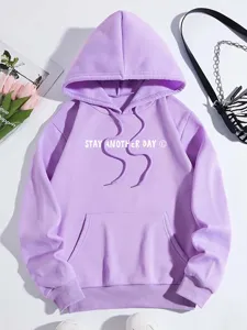 Purple fleece-lined hoodie featuring a cozy drawstring hood, kangaroo pocket, and cute chest print.
