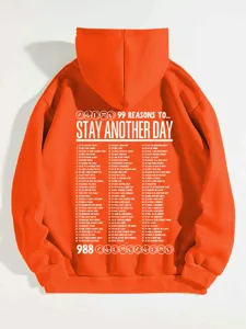 Orange fleece hoodie for women with back text print, long sleeve casual hooded sweatshirt.
