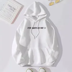 Women fleece white hoodie casual sweatshirt with kangaroo pocket and letter print.