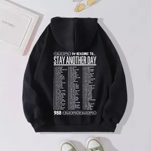 Women black fleece hoodie with graphic letter print on back, casual streetwear pullover top.