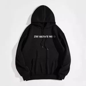 Women fleece-lined black hoodie with letter print, drawstring hood and kangaroo pocket.