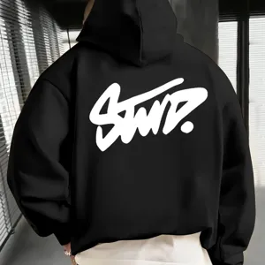 Detailed rear view of the black casual streetwear hoodie showcasing large white graffiti print.