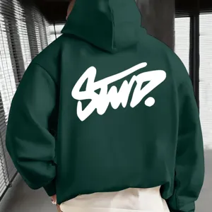 Green hoodie back detail featuring large white graffiti typography print for casual style.