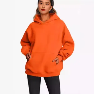 Women's casual loose hooded sweatshirt in bright orange with pocket for daily wear.