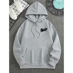 Casual grey long sleeve hooded sweatshirt with front pocket and chest graphic for daily wear.