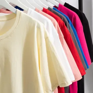 Detailed view of solid color cotton crew neck short sleeve t-shirts hanging neatly on racks.