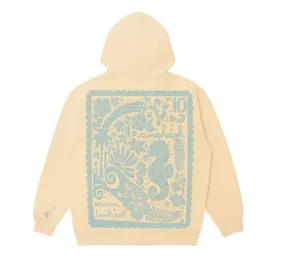 Detailed view of women's beige hoodie back featuring intricate seahorse embroidery graphic.