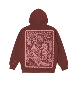 Women's maroon hoodie with creative back graphic stamp print, casual long sleeve pullover top.