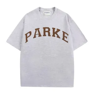 Grey short sleeve t-shirt with brown parke print, casual cotton top for men and women new.