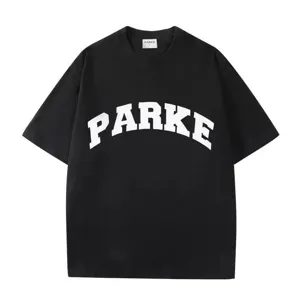 Black short sleeve t-shirt with curved white chest print and comfortable round neckline.