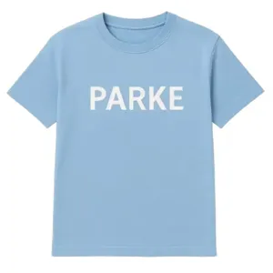 Detail view of the light blue casual t-shirt showing the white PARKE chest print detail.