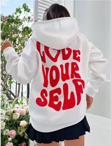 Sweatshirt à capuche polaire pour femme avec impression de lettres streetwear hiver