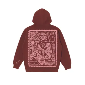 Women's graphic hoodie pullover sweatshirt with pink back stamp print and adjustable drawstring.