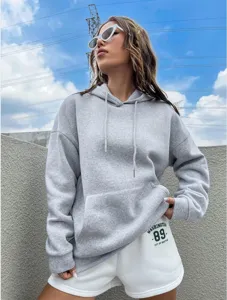 Vue détaillée d'un sweat à capuche en molleton gris décontracté, coupe ample, style extérieur.