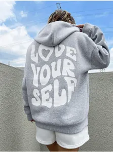 Sweat à capuche en molleton femme gris streetwear imprimé lettre dos top style Harajuku