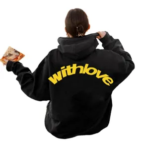 Oversized black hoodie with yellow back print, drop shoulder casual streetwear for men.