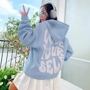 Sweat à capuche en molleton pour femme avec imprimé lettres au dos, style coréen Harajuku.