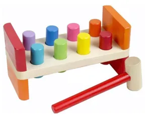 Wooden pounding bench toy with colorful wooden pegs and hammer for kids early education detail view.