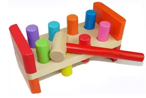 Wooden pounding bench toy with colorful pegs and hammer for kids early educational learning.