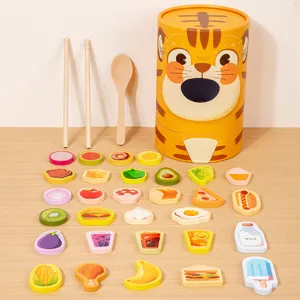 Hölzernes hungriges Tiger Fütterungssspielzeug Set mit niedlichen Essensklötzen für Kinder.