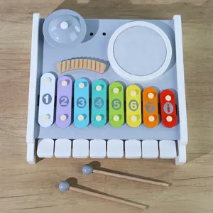 Wooden multi-functional musical toy for kids with xylophone drum piano keys for early education.