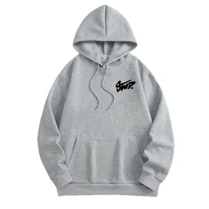 Men's casual grey hoodie with hood, long sleeves, kangaroo pocket and cool chest graphic.