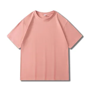 Classic solid pink short sleeve crewneck t-shirt, loose fit pure cotton casual top.