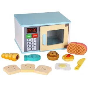 Ensemble de cuisine micro-ondes en bois pour enfants jeu de rôle avec accessoires de nourriture.