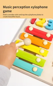 Vista dettagliata del xilofono educativo in legno con tasti colorati e bacchetta da gioco.
