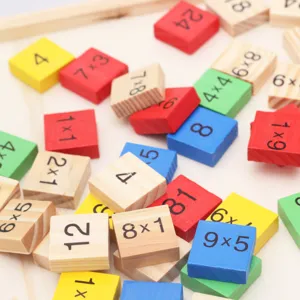 Dettaglio di blocchi di matematica in legno con equazioni e piccole piastrelle colorate.