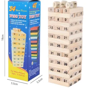 Wooden stacking block tower game with numbers and dice, educational toy for kids and family.