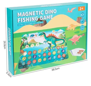 Children magnetic dino fishing game toy box, early educational letter matching toy package.